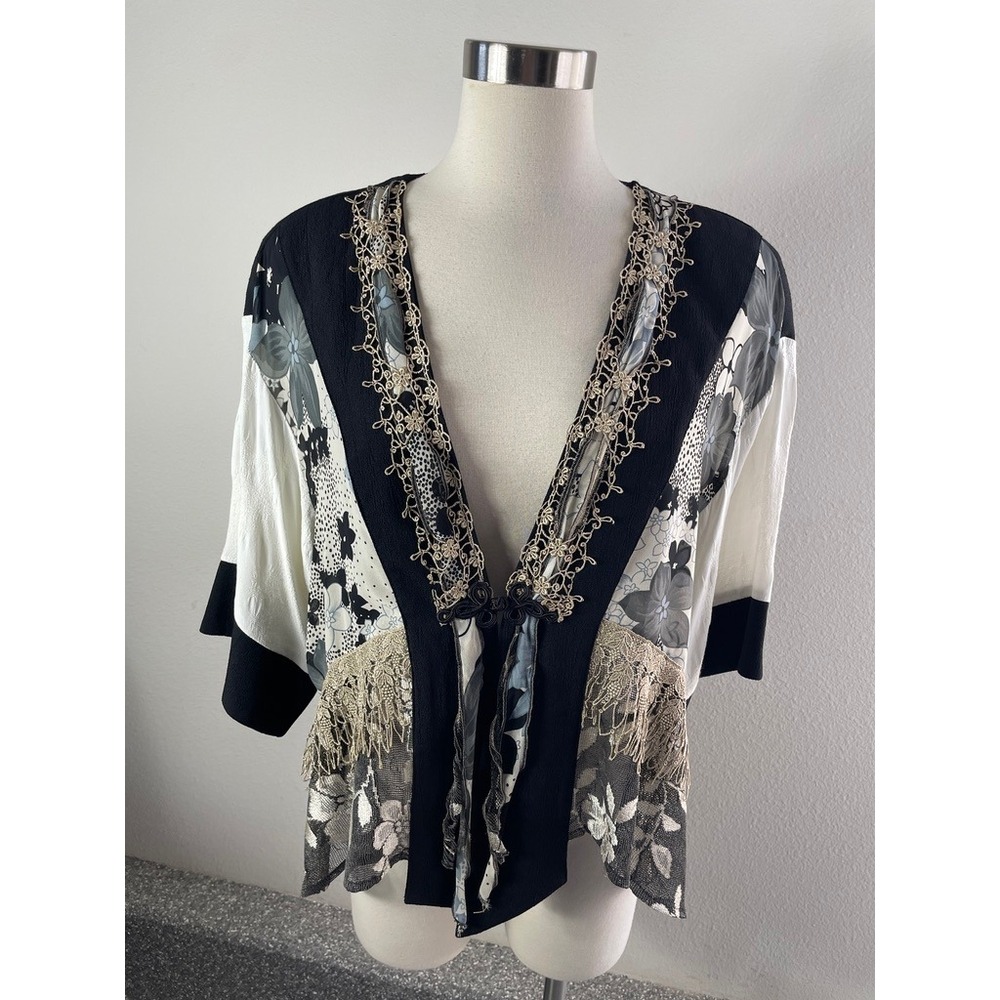Spencer Alexis Small Vintage Mixed Media Floral Lace Trim Top Black Made in USA